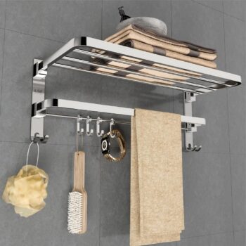 24 Inch high Grade Stainless Steel Dual Folding Towel Rack/Bathroom Towel Hanger/Foldable Towel Bar for Bathroom Heavy-Duty & Space Saving - Chrome Finish (Pack of 1)