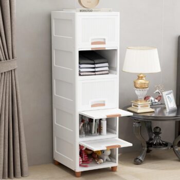 5 Tier Foldable Organizer for Clothes/Modular Kitchen Storage Rack/Multipurpose Wardrobe for Cloth/Space Saving Closet for Bedroom-Living Room/Stackable Cabinet(White), Plastic