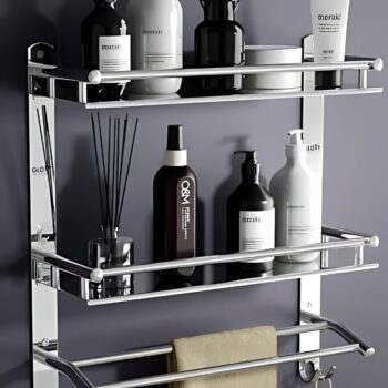 Stainless Steel Double Layer Shelf with Towel Rod - Bathroom Shelves for Optimal Storage, with Sleek Chrome Finish Durable Bathroom Accessories and Fittings (5D X 15W X 18H Inch)