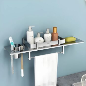 Stainless Steel Bathroom Shelf/4in1 Multipurpose Shelf for Bathroom/Towel Hanger/Tumbler Holder/Soap Dish/Stand/Bathroom Accessories Set (18 x 5 Inches)