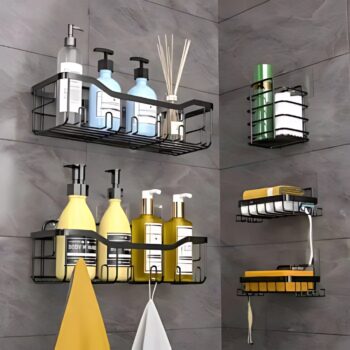 5 in 1 Bathroom Accessories 5-in-1 Self-Adhesive Bathroom Organizer Combo | No-Drill Wall-Mounted Self-Adhesive Wall Shelf Set with Soap Dish, Toothbrush Holder & Metal Racks (Black)